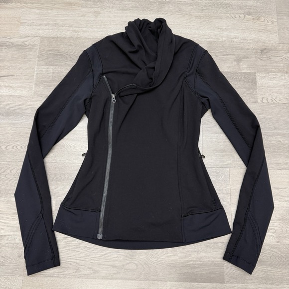 lululemon athletica Pants - Lululemon Bhakti Yoga Jacket Womens 8 Black Asymmetrical Zip Luon Thumbholes